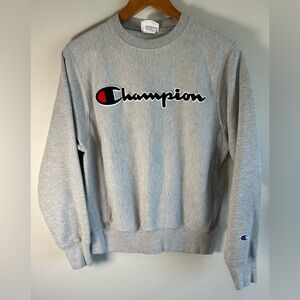 Champion Reverse Weave Mens Crew Neck Sweater Embroidered Spell-out Gray Size S
